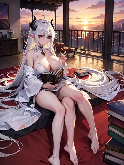 Best Quality, 8k, (masterpiece:1.2), ultra-detailed, expressive background, balance, Demon girl, 1Female, 1Demon-Girl, long gray hair, Long hair, (((Big and long straight white horns))), Straight horns white on head, White kimono, Sexy white dress, Sensual...