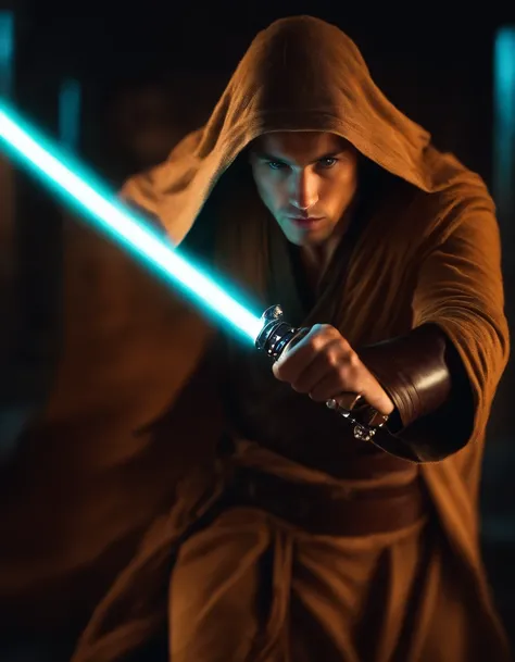 Modern digital art of a handsome young warrior, Jedi artwork, dynamic poses, glowing lightsaber, flowing robes, forceful expression, mystical powers