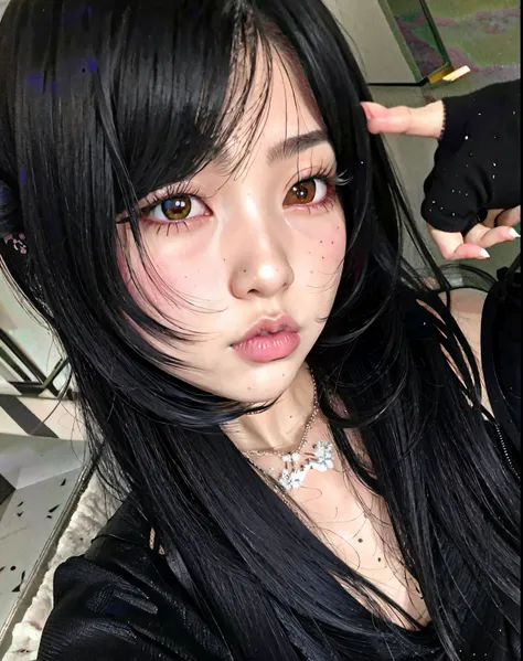 Un primer plano de una mujer con cabello largo y negro y un collar, cruel korean goth girl, Ella tiene el pelo negro con flequillo, ulzzang, Cabello negro Hime cortado, Chica de anime en la vida real, 1 7 - year - old anime goth girl, Wan adorable cara cor...