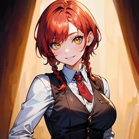 1girl, short red hair in two low braids, yellow eyes, medium breast, waistcoat, smile, solo, best quality, masterpiece, portrait, dark background, looking at the camera, from the front, detailed, perfect anatomy, detailed art, high definition, 4k, high res...