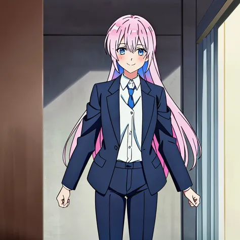 1GIRL , shikimori miyako , shikimori micchan, woman in formal attractive suit tuxedo tailcoat standing in a large alcove in the room, 1girl, solo, necktie, pink hair, blue eyes, long hair, smile, jacket, looking at viewer, shirt, pants, blue necktie, colla...