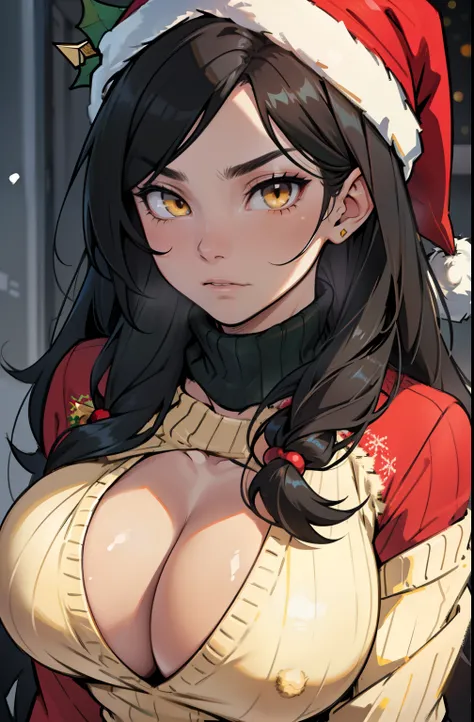 solo, (((1 girl))), very long hair, black hair, yellow eyes, ((muscular)), huge tits, pale skin, slick hair, (christmas sweater) close up santa hat sad