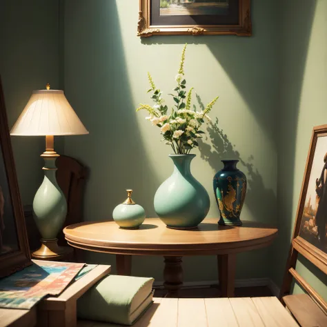 interior decoration products: vase, a painting, Whatnot, table lamp, close-up of decorative items (additional details), (image quality), (art style), (color palette), (lighting) Dark green, beige, pastel. Cartoon style.