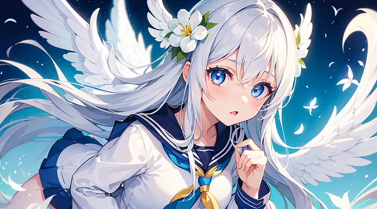 (1girl, silver hair, long hair, blue eyes, sailor suit, angel wings, cute, kawaii), (white flower field)