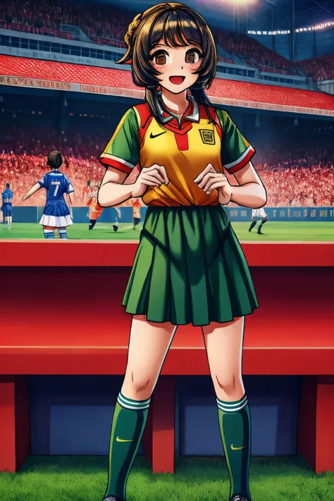 ojsgwopmgc, Standing, :d, counter, 1girl,Chinese dress,enfeite de cabelo, uniform soccer