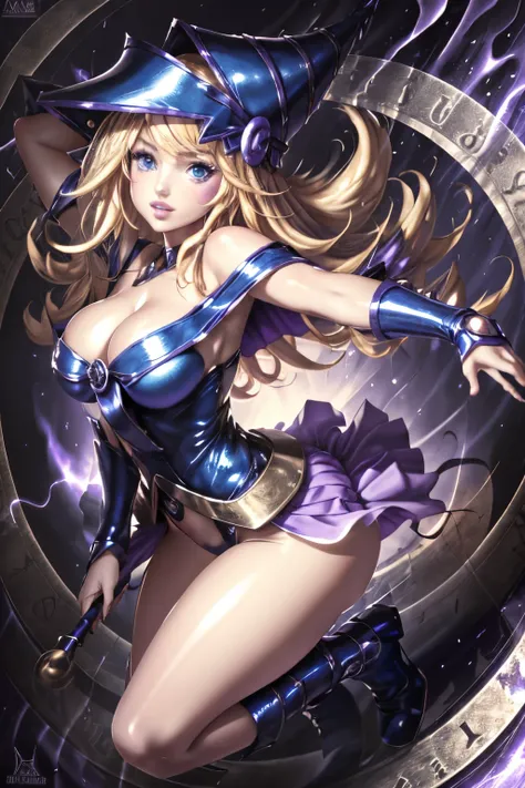 ultra-detailed, extremely detailed, masterpiece, highest quality, best quality, absurdres, highres, dark magician girl, (1girl:1.2), solo, detailed face, dynamic pose, hair flow, (full body:1.1),  blonde hair, long hair, looking at viewer, green eyes, skin...