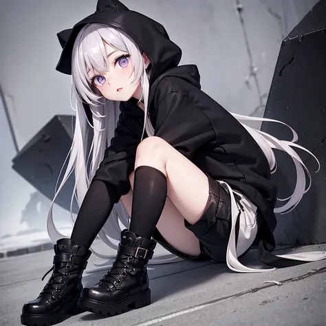 A girl with amethyst colored eyes, long black and silver hair, pale skin, rosy lips. Black cargo pants, combat boots, black crop hoodie with fur hood