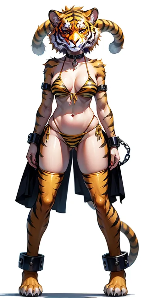 ((WHITE BACKGROUND)) full body standing straight symmetrical looking to the front woman wearing a yellow tiger bikini tiger paws, choker on neck, shackles on legs and arms, tiger face