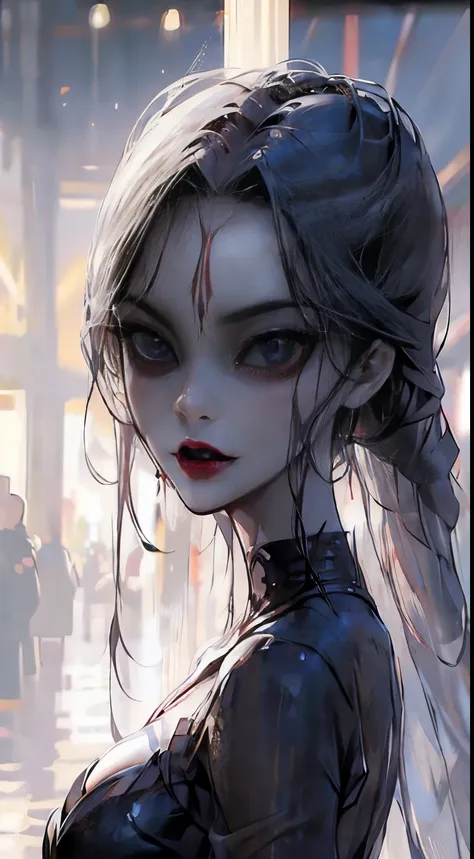 estilo anime, noite, mulher adulta alien frontal,  condessa, she has an evil appearance, red lips, dente como vampiros, longos c...