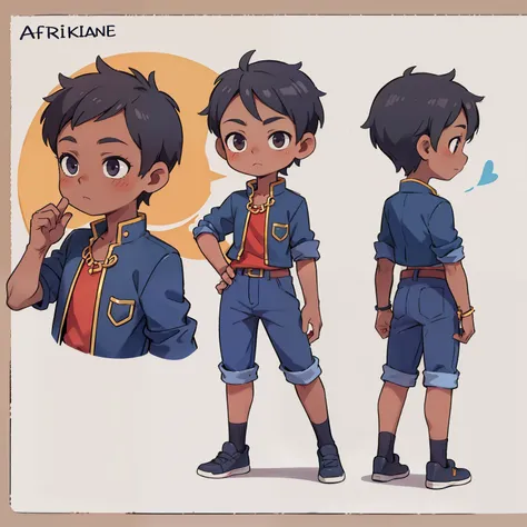 1 boy, african, dark skin, 10 years old, character sheet, character reference, front view, side view, back view