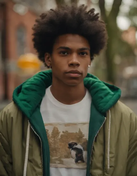 An ultradetailed painting of a stylish young man wearing streetwear in a high school, anime, studio ghibli, intricate, afro, light green eyes