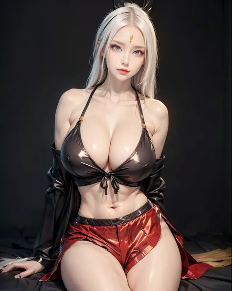 realistic, 1 women, best quality, 12k, HD, long hair, big round breasts, cleavage, ponytail, necklace, jewelry, shorts, short jacket, slim hips, hair tie, yellow eyes, black hair, super detailed, Eye details, hair details, person details, mouth details, fa...