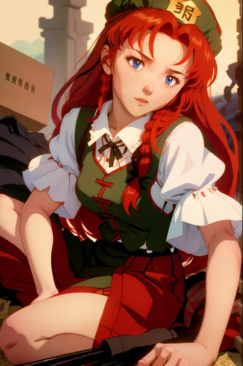 hong mailing, 1girl,hat,red hair,blue eyes,long hair,braid,short sleeves,chinese clothes, evangelion anime style