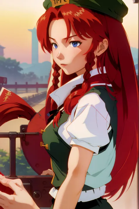 hong mailing, 1girl,hat,red hair,blue eyes,long hair,braid,short sleeves,chinese clothes, evangelion anime style