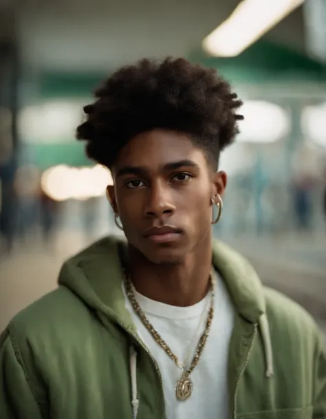 An ultradetailed painting of a stylish handsome young man wearing streetwear in a high school, anime, studio ghibli, intricate, afro, light green eyes