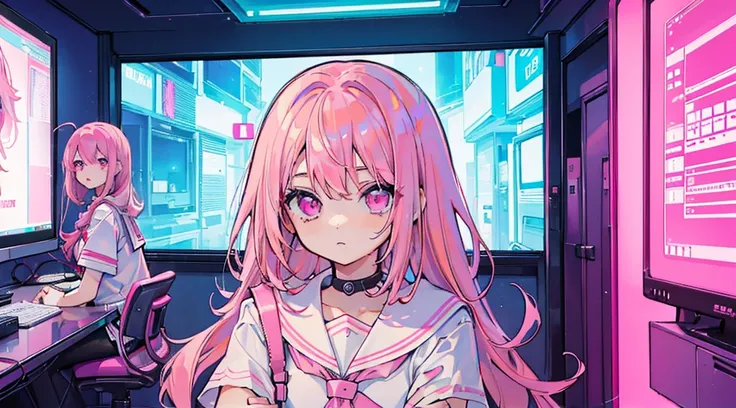 (3 girls, pink hair, pink eyes, sailor suit, kawaii, strategy meeting), (pink cyberpunk, room with big monitors, pink neon)