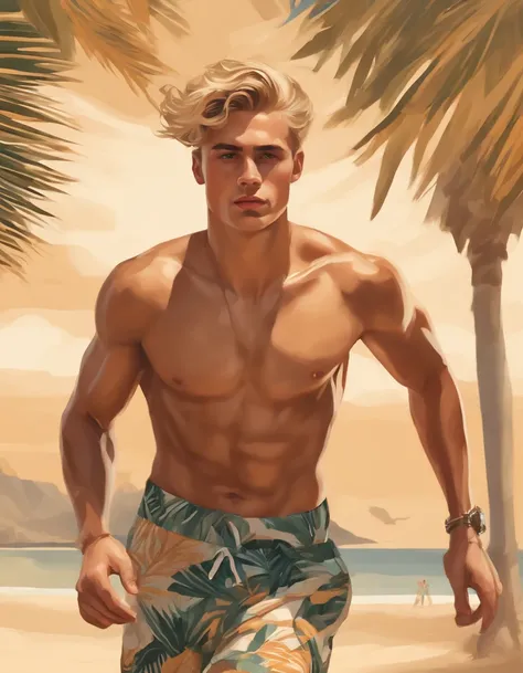 An ultradetailed painting of a stylish and chiseled handsome young man wearing beachwear clothing running on a tropical beach, anime, intricate, blonde Australian , light brown eyes, in the style of J.C. Leyendecker