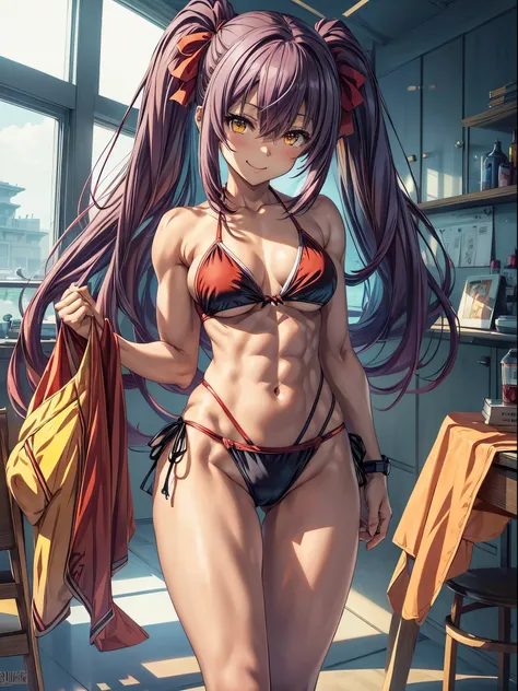 (1 girl), mischievous smile, on the beach, (muscular ass), (small waist), (big ass), (((Ichika Amasawa))), red ribbons in her hair, ((wide yellow eyes)), good anatomy, perfect hands, (((perfect, muscular legs))), (((wearing a short bikini))), thin waist, m...