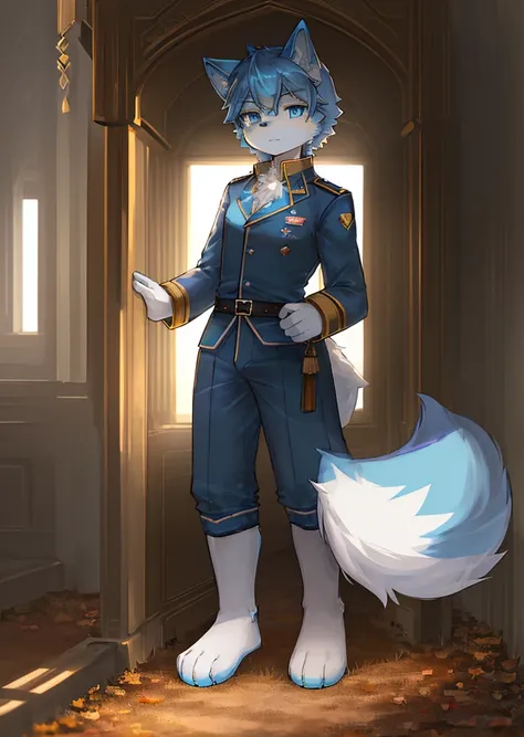 Normal situation (Fluffy blue fox boy), On the battlefield， standing on your feet，Face facing the camera， ((glomy， Detailed face, Clear big eyes，Blue eyes，Meticulous details)), Natural and soft lighting, 8K, sfv, Autumn , Peaceful , (Fluffy paws), in a sol...