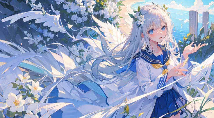 (1girl, silver hair, long hair, blue eyes, sailor suit, angel wings), (white flower field)