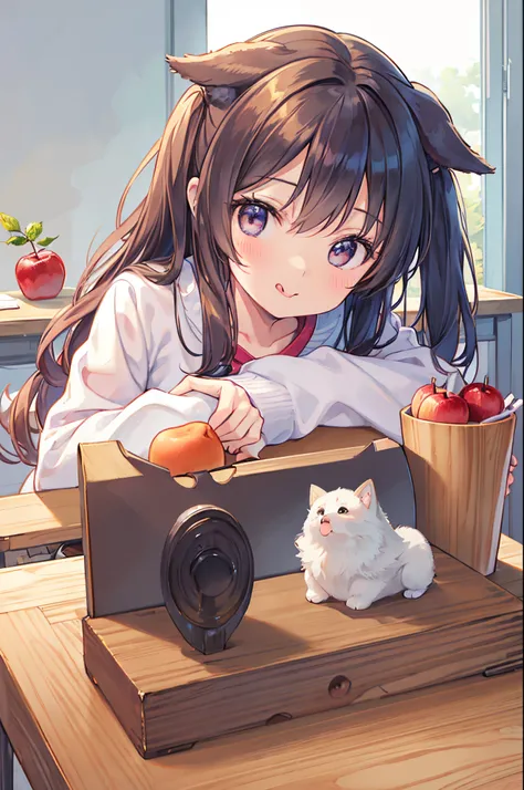 a Dog、a Dog、a Dog、dog alone、fluffy dog、Apples on the desk、dog with paws on desk、Dark eyes、drooping ears、Golden retriever、Mofumofu、sticking out the tongue、