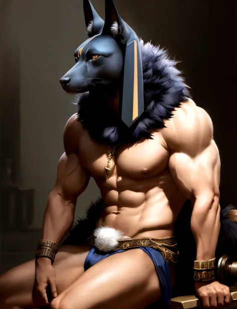 ((realistic)), upload on e621, by Garmash,Ruan Jia, darkgem, anthro, male, ((( detailed fluffy fur))), ((sitting)), detailed realistic painting, (((biceped))), (((shaded))) extreme detail, ((anubis)), loincloth