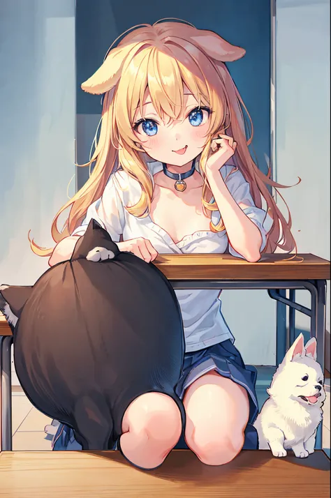 a Dog、a Dog、a Dog、Dogs only、fluffy dog、apple on the desk、dog with paws on desk、Cute eyes、droopy ears、Golden retriever、Mofumofu、sticking out the tongue、