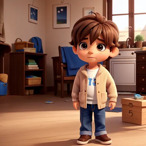 A little boy ,6 years old,brown hair,brown big eyes,wearing a blue sweater, blue jeans, white sneakers, he find a mysterious box in his house garden