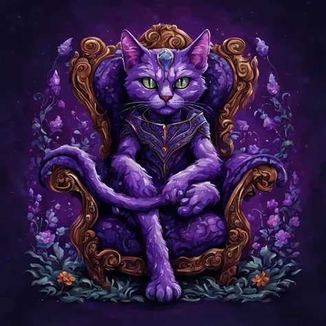 Alinor Armchair without a back a purple alien cat sits upon it, in cross-stitching art style