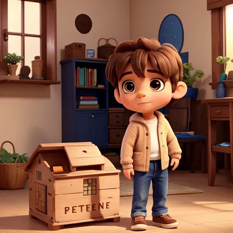 A little boy ,6 years old,brown hair,brown big eyes,wearing a blue sweater, blue jeans, white sneakers, he find a mysterious box in his house garden