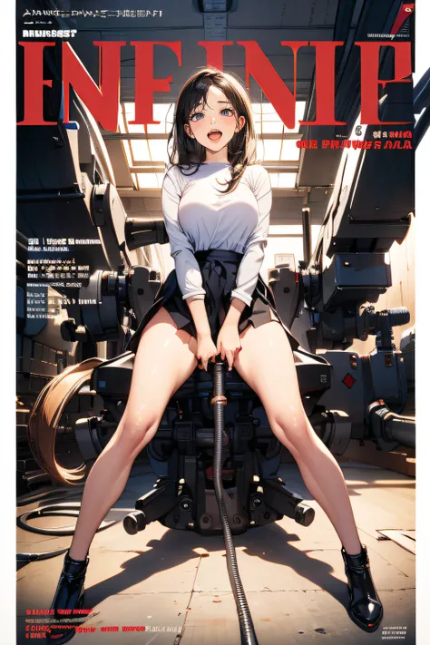 (((magazines cover))), (large title), (many heading), (white border), (whole body), straddling to hit her crotch on exposed pipe, open legs, raise leg, open mouth, masturbation, orgasm face, in the factory, machines, ceiling