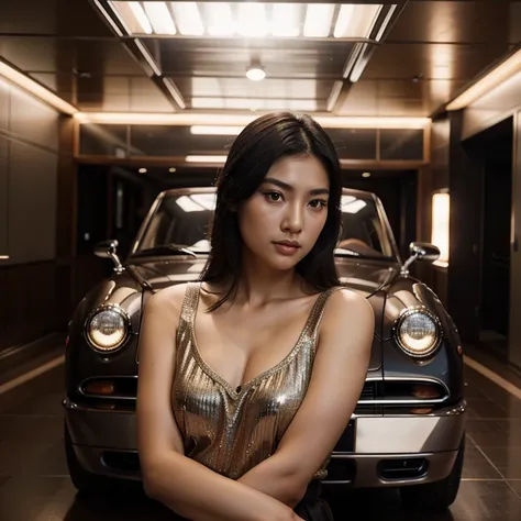 Fille riche asiatique, debout devant une voiture de luxe, look attrayant, portrait, photo realist, 8k, Cinema model, mannequin