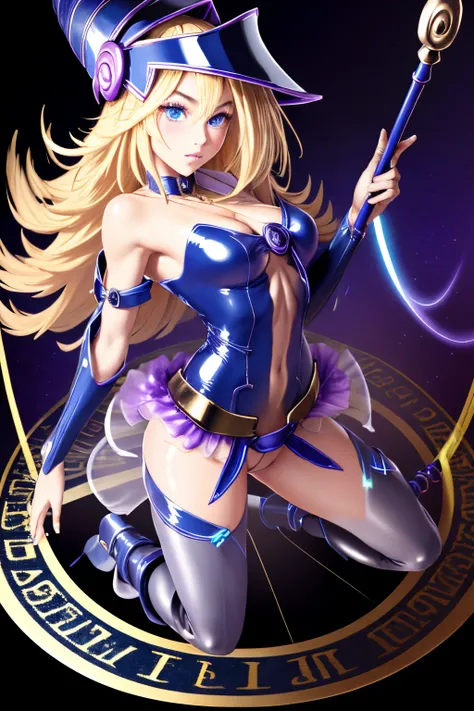 ultra-detailed, extremely detailed, masterpiece, highest quality, best quality, absurdres, highres, dark magician girl, (1girl:1.2), solo, detailed face, dynamic pose, hair flow, (full body:1.1),  blonde hair, long hair, looking at viewer, green eyes, skin...