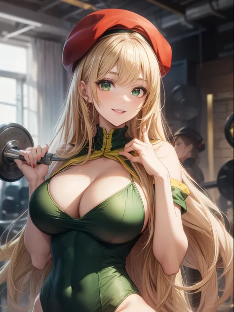 top-quality、Full limbs、complete fingers、Slender beauty、Women with straight hair、(Women with blonde hair)、Longhair Woman、(Red beret)、(Beautiful busty woman:1.3)、(A woman wearing a yellow-green leotard)、A big smile、gym、Muscle training