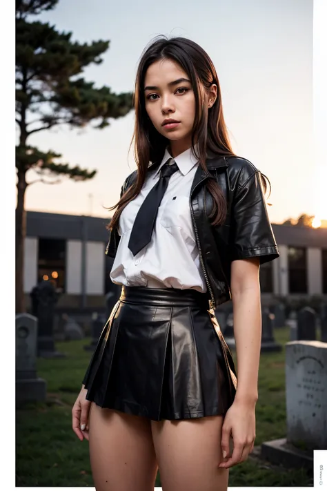 analogue photo of CascaAkashova, (wearing school uniform, skirt leather:1.3), graveyard, upper body, golden hour, eye level,