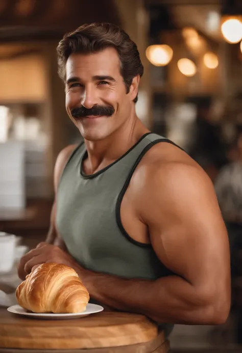 Magnum is enjoying a freshly baked croissant at a quaint French bakery, with a content smile on his face.,original,Magnum PI, male