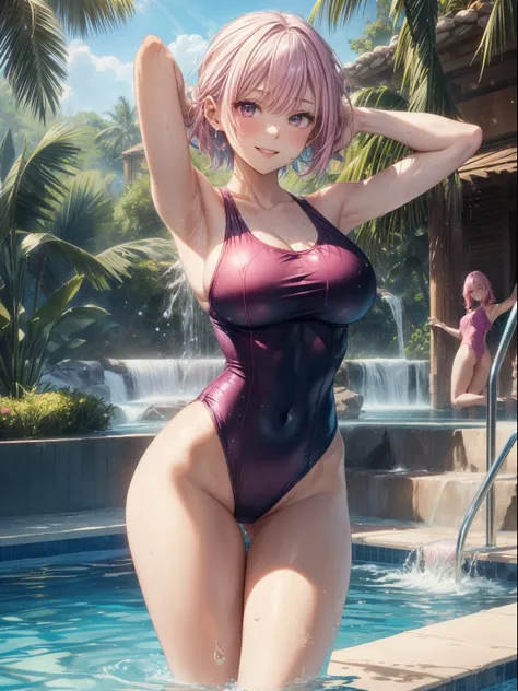 top-quality、Full limbs、complete fingers、Slender beauty、Women with straight hair、(pink hair woman)、Women with medium hair、(Beautiful busty woman:1.3)、((A woman wearing a pink one-piece swimsuit))、Pool facilities、woman sliding down a waterslide、A big smile、W...