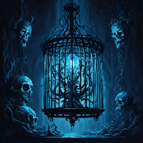 A cage that contains a monster from the darkest abyss and a ayleid chandelier hanging down glowing eerie blue light over it, in eclectic art style