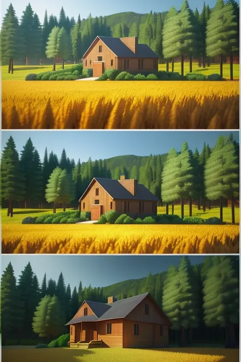 Wheat field on the right and meadow on the left with a pine forest behind, in between a dirt road. In front of the pine trees a cozy cottage., photo, poster, 3d render, vibrant, illustration