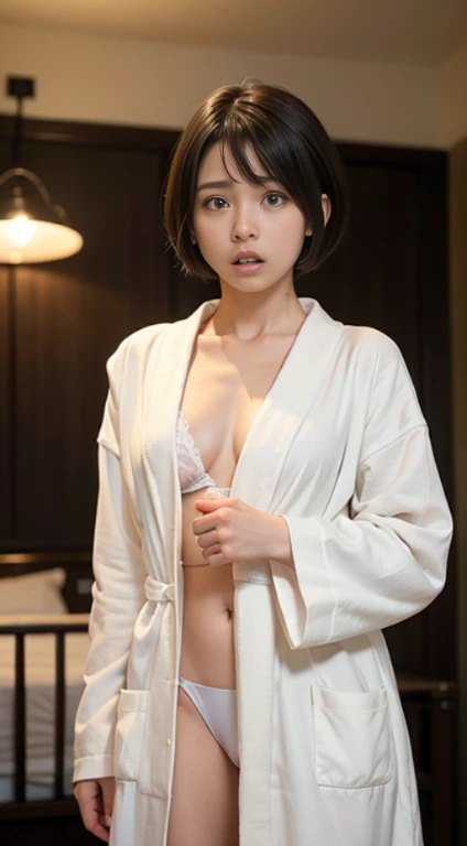 (masutepiece, Best Quality:1.4), Beautiful face, 8K, 85 mm, absurderes, ((Dark bedroom in the hotel))、(Wearing a thick white bathrobe:1.4), ((cowboy  shot:1.5))、((Shot from below:1.4))、violaceaess, gardeniass, Delicate girl, Solo,(((extremely short hairsty...