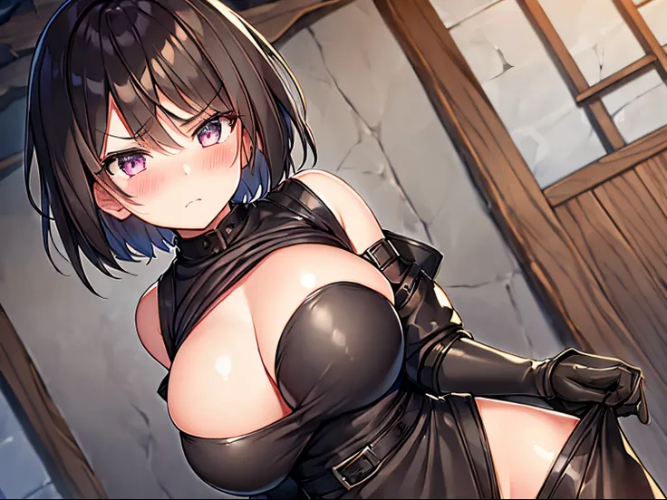 1girl, blown short hair and eyes, blacksmith, Leather aprons and gloves, blush, angry, (clothes lift:1.3), open clothes, NFSW, Facepalm, tear,