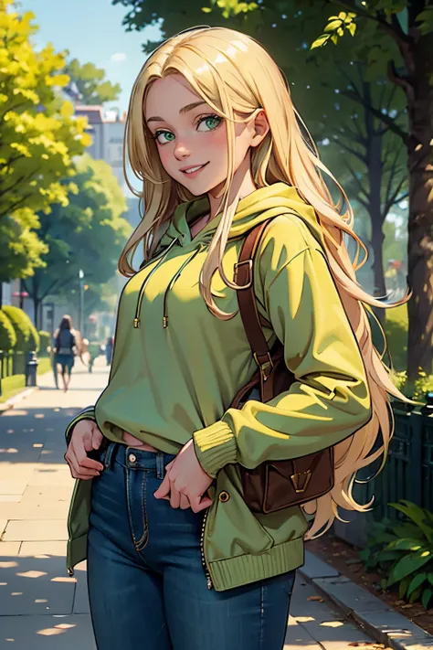 14 years old, girl, long blonde hair, flowing blonde hair, green eyes, hoody, jeans and backpack, smiling sweetly, masterpiece, high quality, standing in a parc in town.