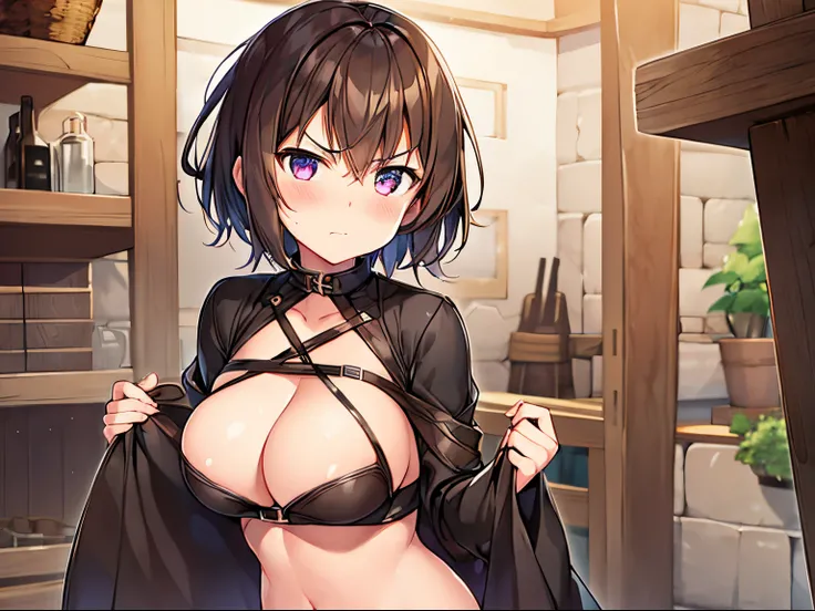 1blacksmith girl, NSFW, brown short hair and eyes, blush, angry, show off nipple,