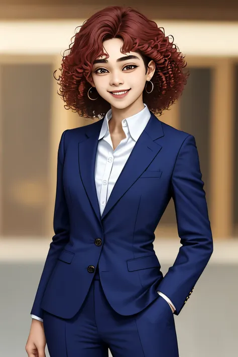 Foto de la parte superior del cuerpo de Taehyung, Focus on the smiling face, Wear a pantsuit , her hair is curly