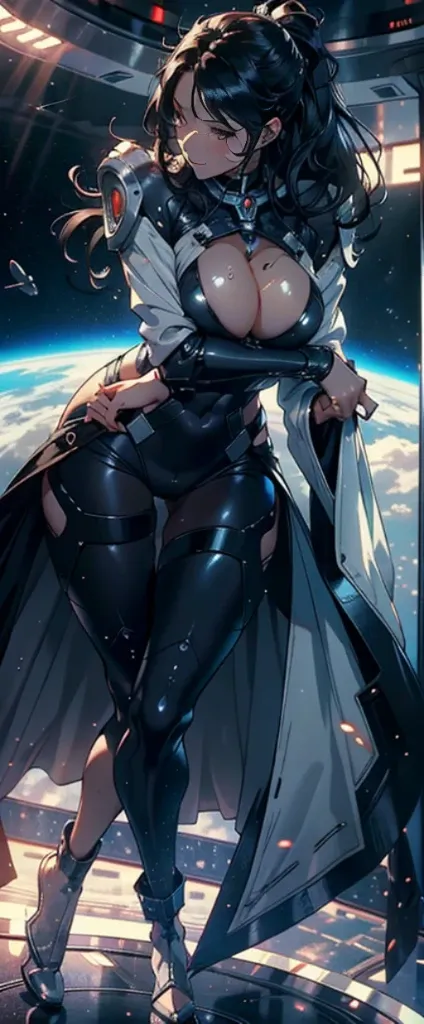 1female，35yo，A MILF，熟妇，huge tit，long leges，Big breasts Thin waist， 独奏，（Background with：A desert，space ship，） She has long black hair，Stand on a spaceship，Sweat profusely，drenched all over the body，seen from the front， hair straight， mostly cloudy sky，（（（tm...