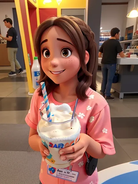 Uma menina bonita, cabelo medio e castanho, sorridente com milk shake.