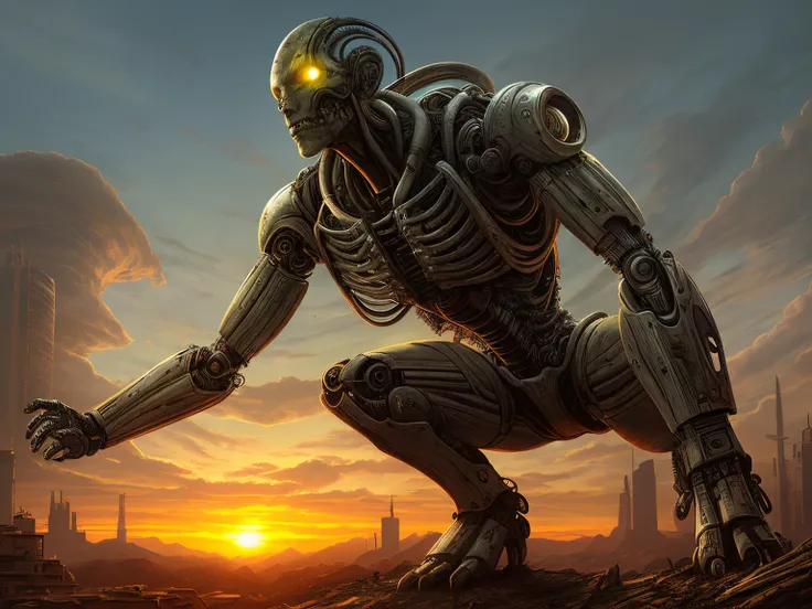 bio mechanical hydraulic humanoid cyborg arthropod in a postapocalyptic wasteland, sunset, cyber weapons