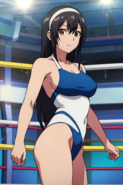 masutepiece, Best Quality, Game CG, 1girl in, Solo, Looking at Viewer, , depth of fields, , Realistic,,Stand in the ring of professional wrestling,White and blue one-piece swimsuit,Idol,Black hair straight long hair,white hairband