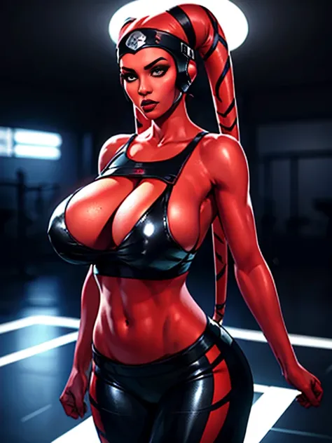 1girl, lithe Twilek babe with gigantic tits, busty, cleavage, , masterpiece, best quality, high-definition, ((red skin), twilek), evil space knight, space ninja, (wearing black sports bra, leggings, ((busty)), slender body, thin, slim sexy body, slim waist...