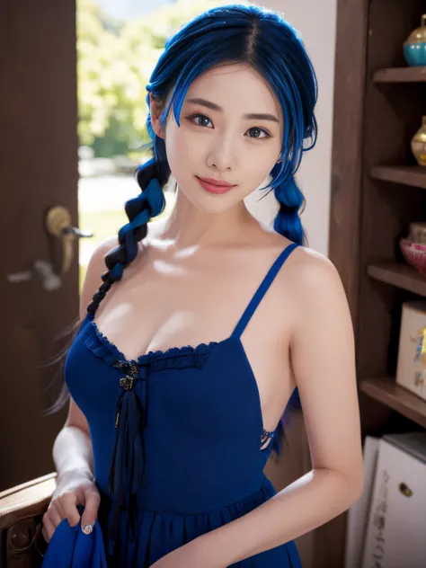 Close-up of a blue-haired woman in a colorful dress, Black braided pigtails, Round glasses、healthy eyebrows、Round eyes、large boob、Gorgeous Niigata model, goddess of Japan, Its a raccoon face、soft lips、Eyes々Patchuri、Lashes long、Beautiful Asian Girl, real li...